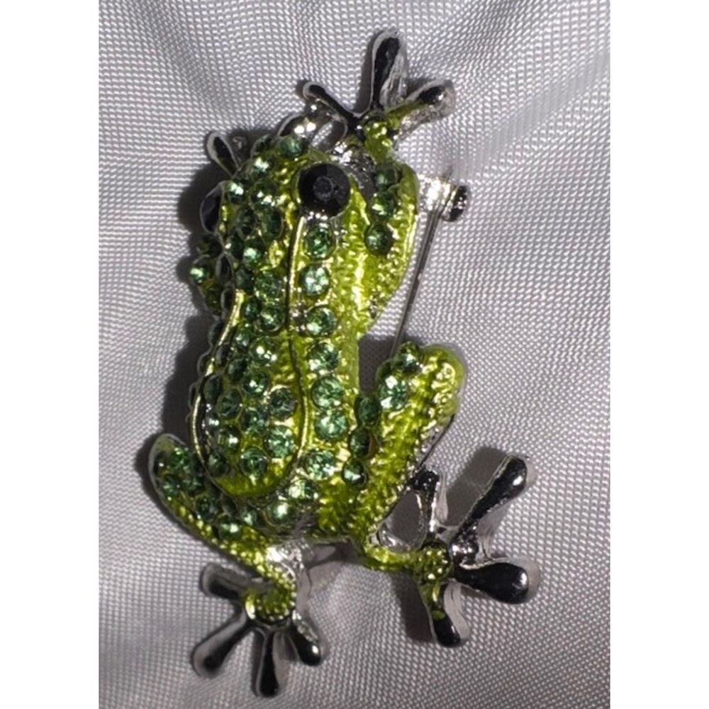 Green Rhinestone Frog Brooch Pin Pavé Round Stones Silver Tone Metal Animal - Picture 2 of 5